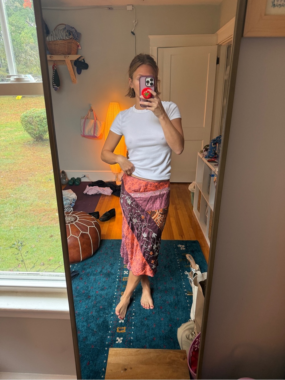 Silk Patchwork Midi Skirt in Pink & Orange